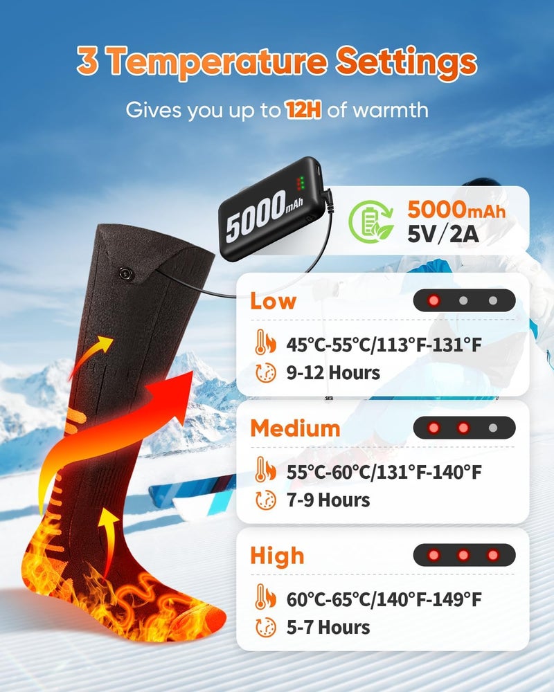 Bopoid 2026 Upgraded Heated Socks, 2×5000mAh 5V Rechargeable Heated Socks for Men Women, 3 Heat Settings with 360° Heating Electric Socks, Washable Electric Thermal Socks for Ski Hunting Hiking - Image 2